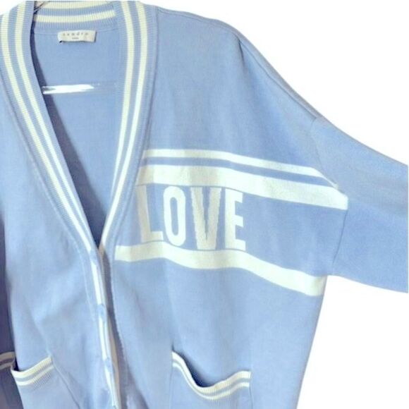 Sandro Paris Opera 'LOVE' Varsity Striped Cardigan Sweater Blue & White L - Picture 12 of 16